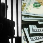 Man behind bars in jail alongside dollars stacked up