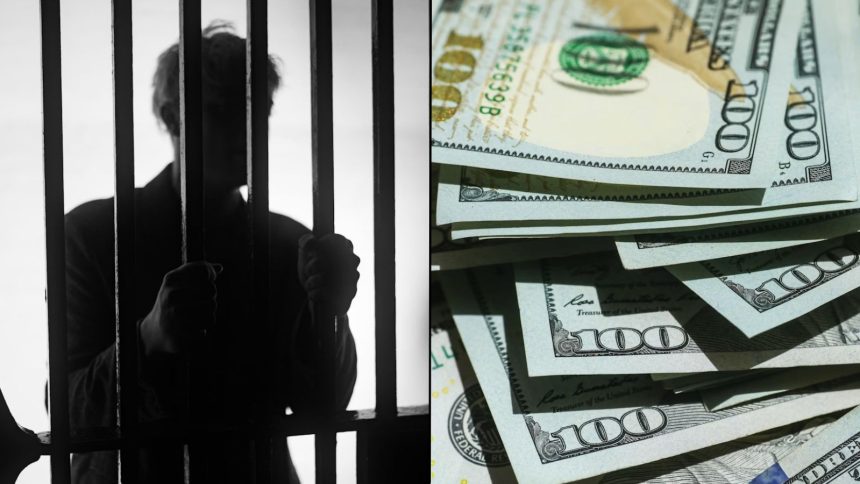 Man behind bars in jail alongside dollars stacked up