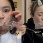 A screenshot featuring people eating with plastic.