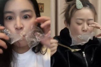 A screenshot featuring people eating with plastic.