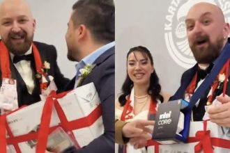 A couple receives PC parts for wedding gift