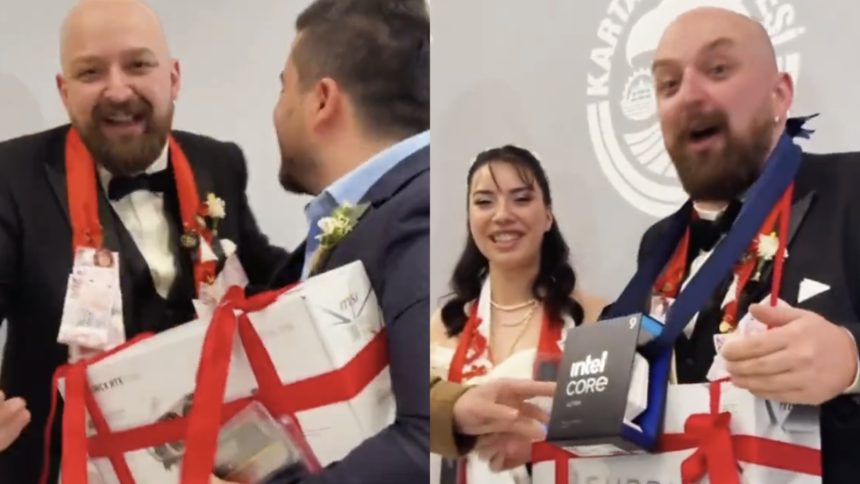 A couple receives PC parts for wedding gift