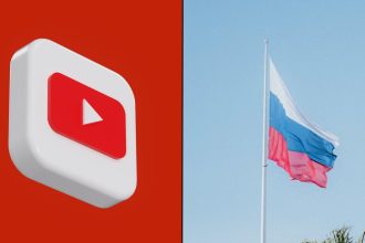 YouTube logo alongside russian flag flapping in wind