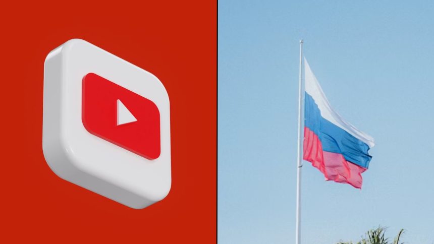 YouTube logo alongside russian flag flapping in wind
