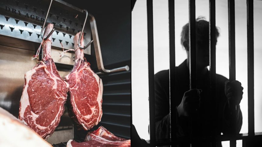 Meat hanging up in freezer next to silohuette of man in jail
