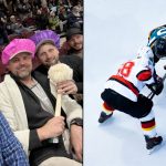 Men sat in chairs at hockey game in shower caps alongside hockey players facing off on ice