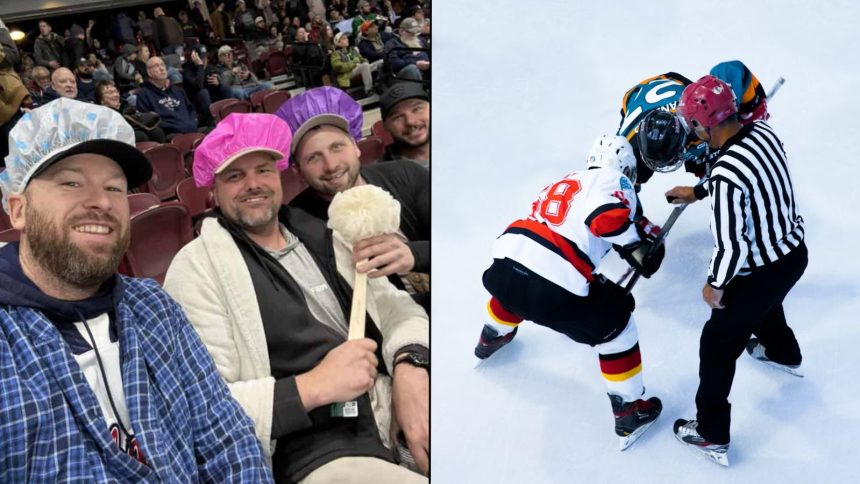 Men sat in chairs at hockey game in shower caps alongside hockey players facing off on ice