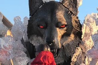 A photo of the Little Red Riding Hood float at the 2026 Carnival di Viareggio.