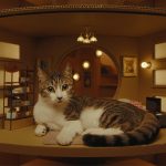 A photo of a cat in the ENEOS high rise apartment for cats.