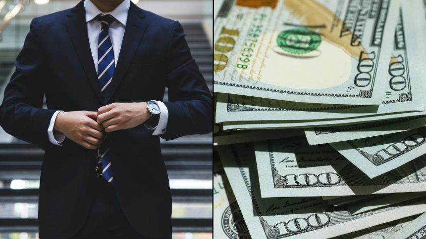 Lawyer fastening suit and walking down stairs alongside stack of money