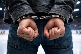 A photo of a man in handcuffs on a skating rink.