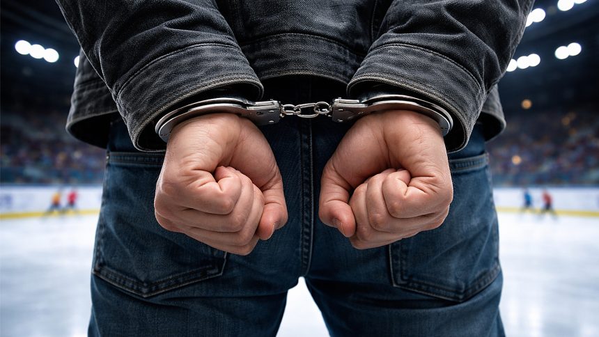 A photo of a man in handcuffs on a skating rink.