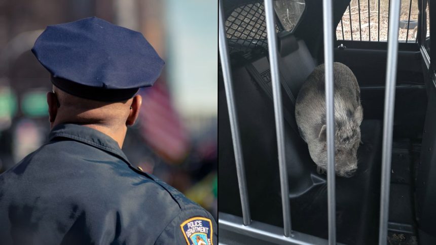 Police officer with back to camera alongside pig in back of car behind bars