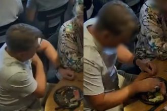 man at pony dining the rocks putting armpit hair on steak