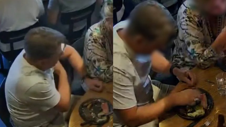 man at pony dining the rocks putting armpit hair on steak