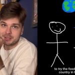 Man sat talking to camera alongside drawing of stick figures near earth