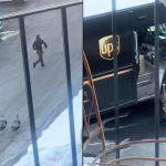 Screenshots of UPS van and driver surronded by turkeys