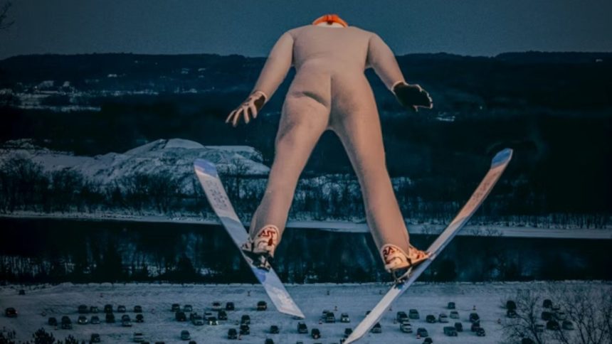 Man in white suit flying through sky on skis