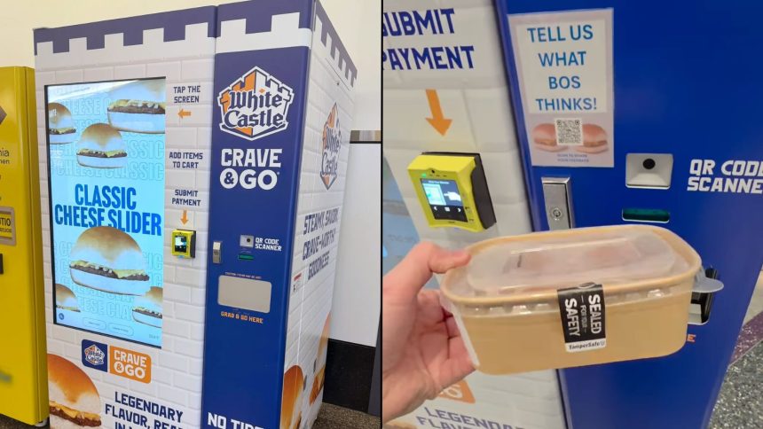 White Castle vending machine next to box with sliders inside