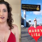 Lisa Catalano stood in red dress and next to billboard with Marry Lisa sign