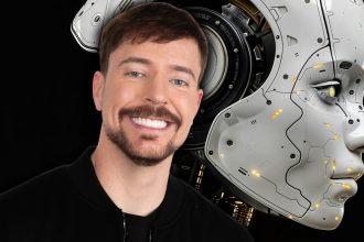 MrBeast and a bust of a robot.