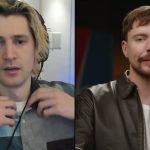 Xqc fixing collar on shirt alongside mrbeast staring at camera