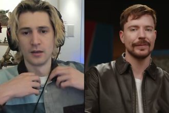 Xqc fixing collar on shirt alongside mrbeast staring at camera