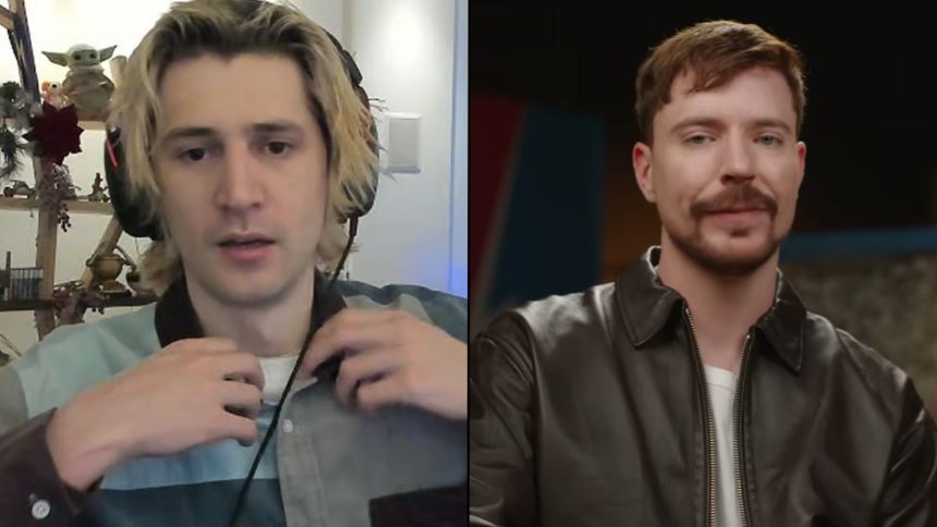 Xqc fixing collar on shirt alongside mrbeast staring at camera