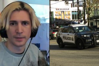 xQc next to police car driving along road