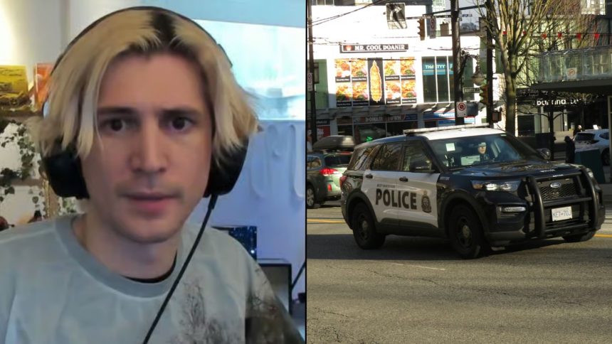 xQc next to police car driving along road
